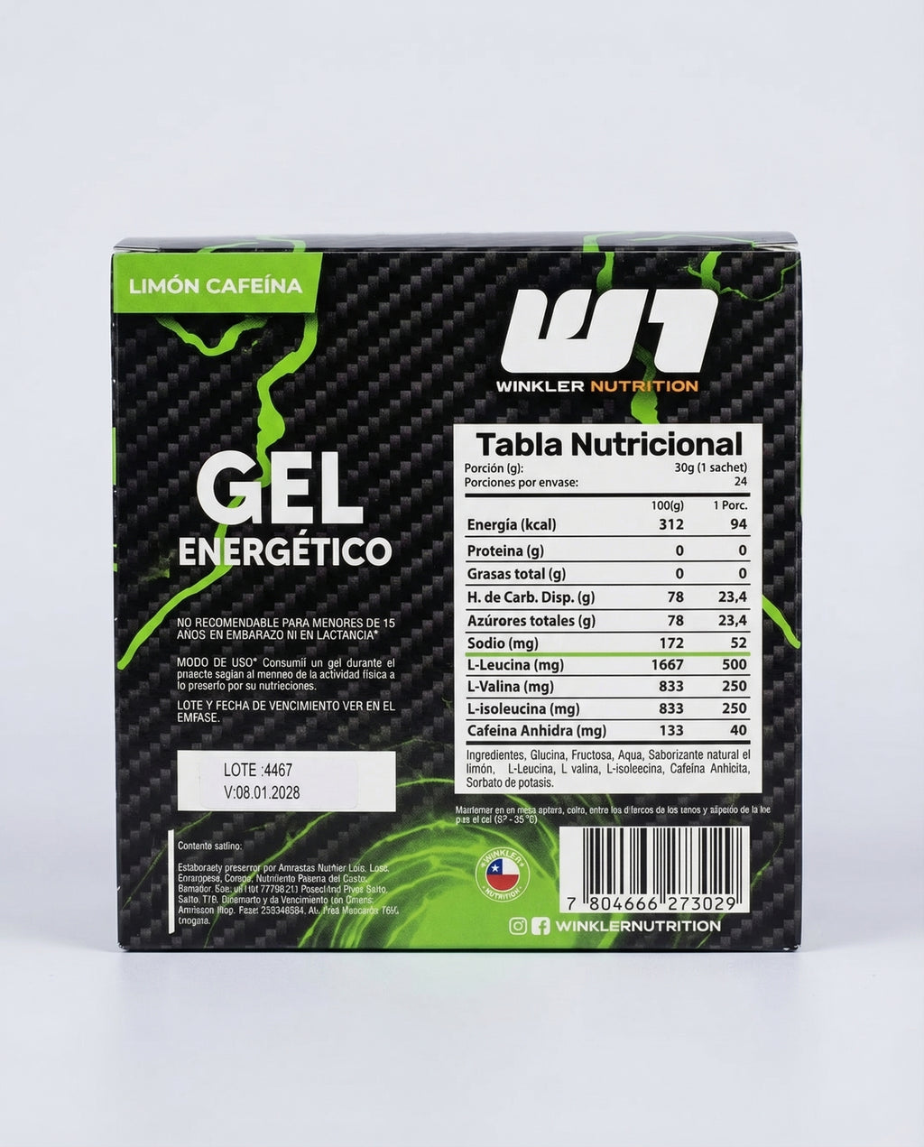 Gel Energético Winkler Sabor Limón Cafeína - Caja 24 unidades
